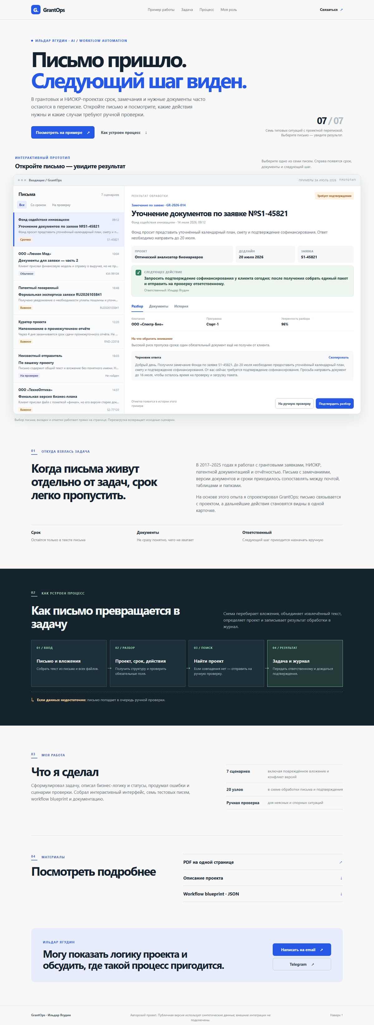 Сайт GrantOps с интерактивным прототипом: письма и карточка со сроком и следующим шагом